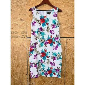 DN Design Floral Dress Size10 Sleeveless White Red Purple Tropical Summer Sheath